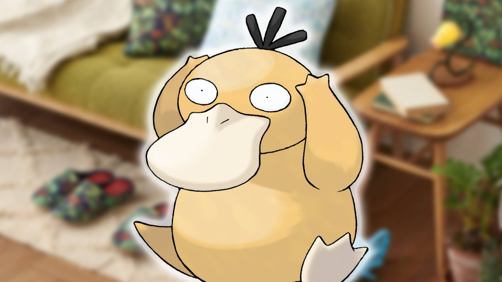 The foreground shows an image of Psyduck holding it's head, while the background displays a bluured image of Pokemon Concierge merchandise
