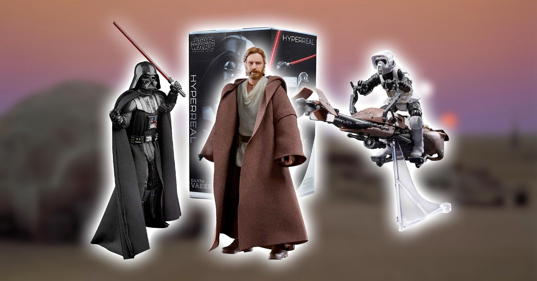 star wars figures featuring darth vader, obi-wan and a speeder with trooper on