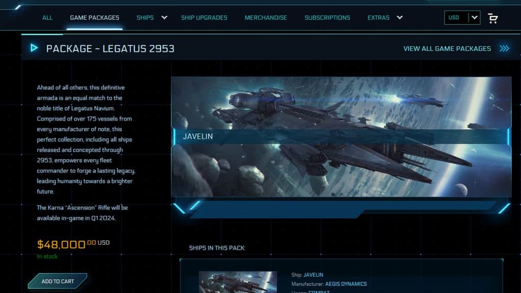A screenshot of the Legatus 2953 bundle available in Star Citizen's online shop