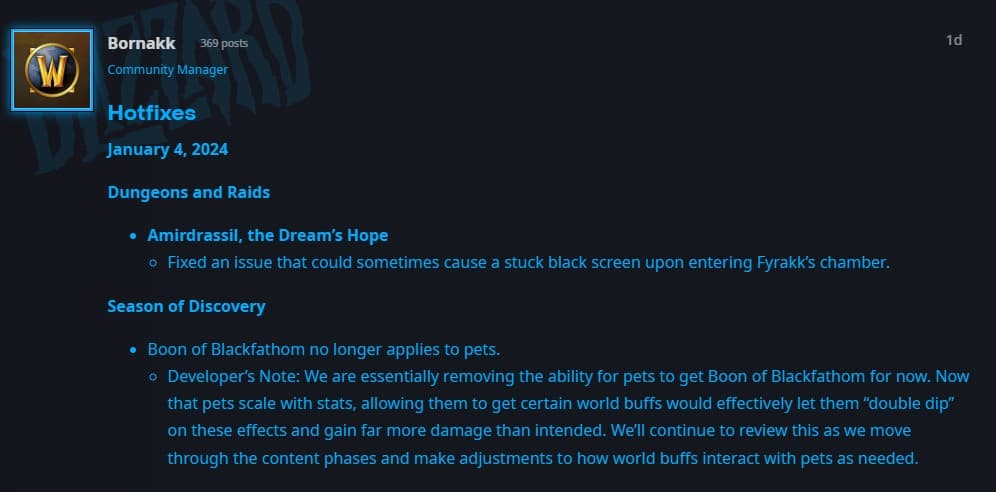 The WoW Blue post detailing a Hunter nerf in Season of Discovery
