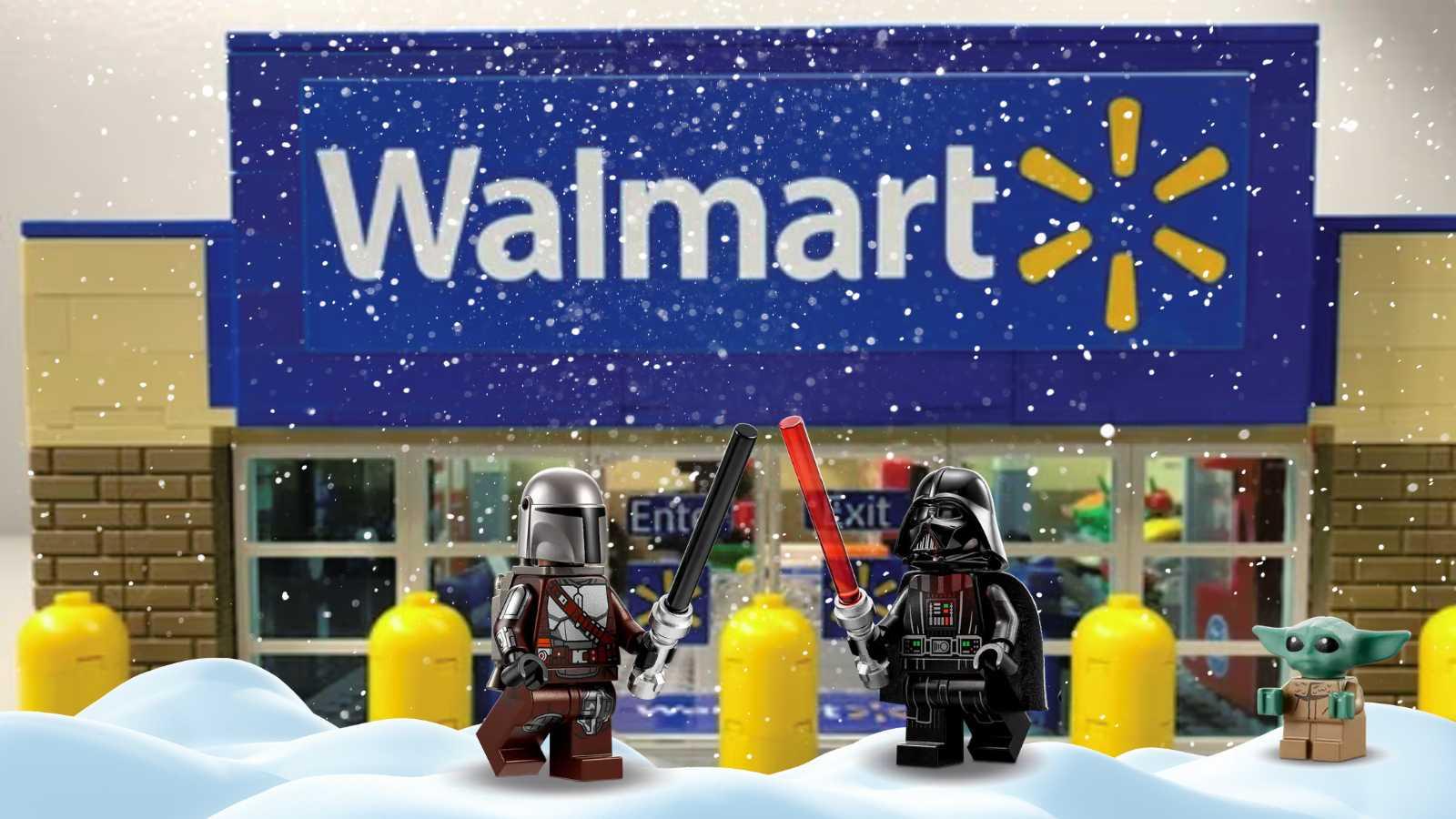 Darth Vader, The Mandalorian, and Baby Yoda in front of Walmart.