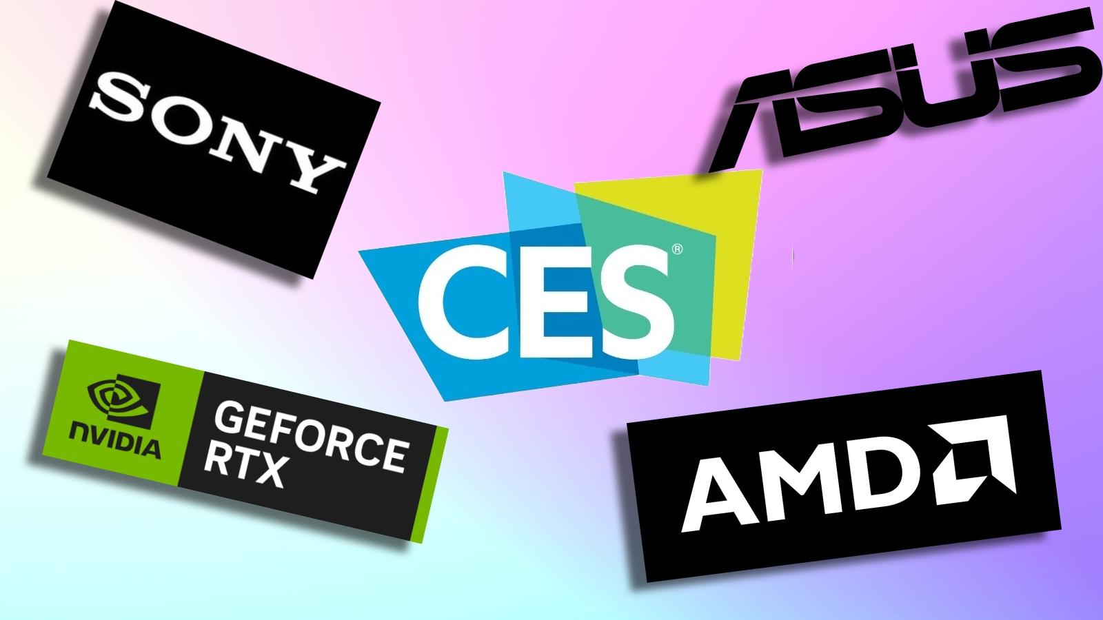CES logo on purple background with Geforce, Sony, Asus and AMD logos