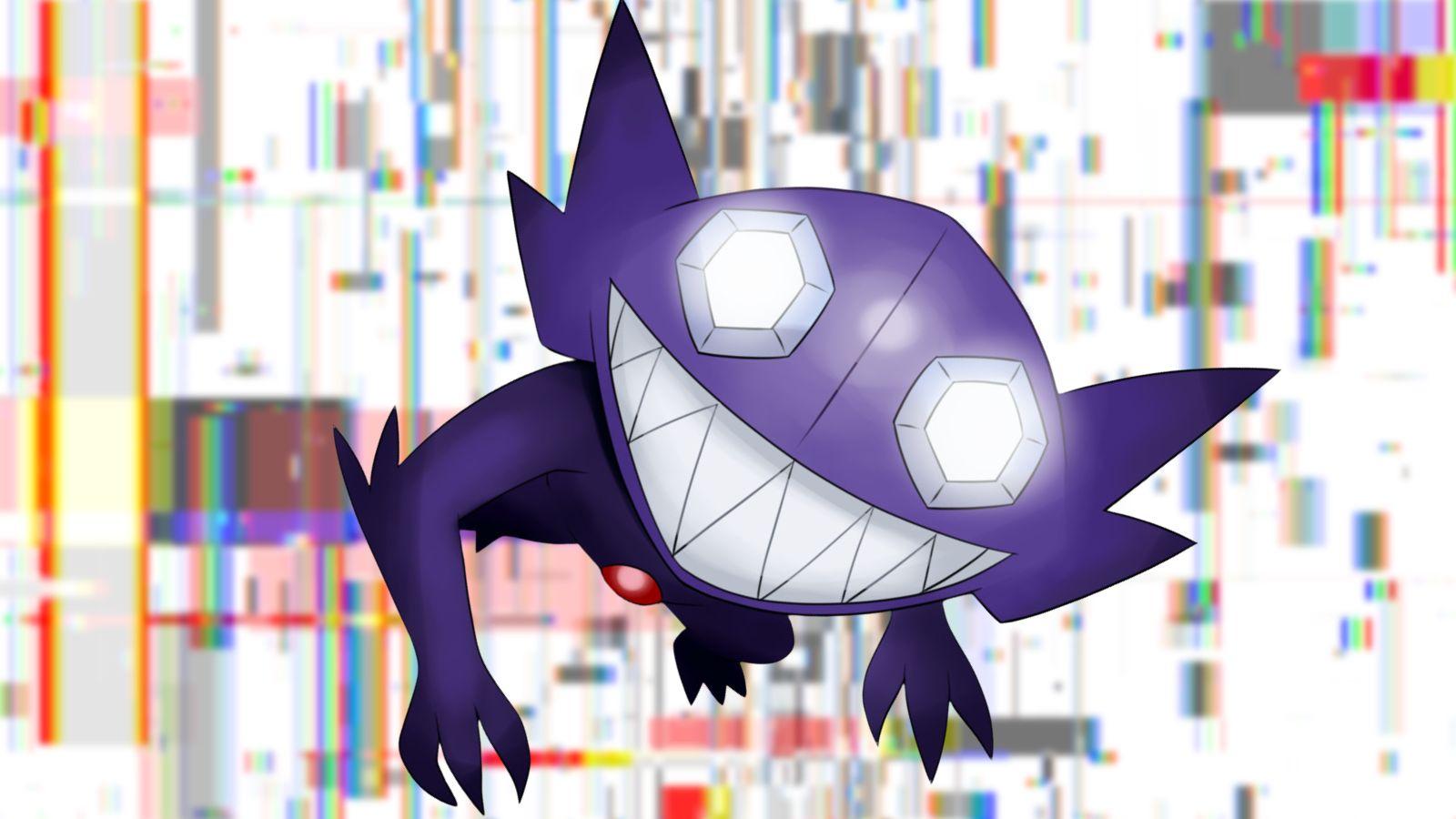 The Pokémon Sabeleye popping out of a glitchy background