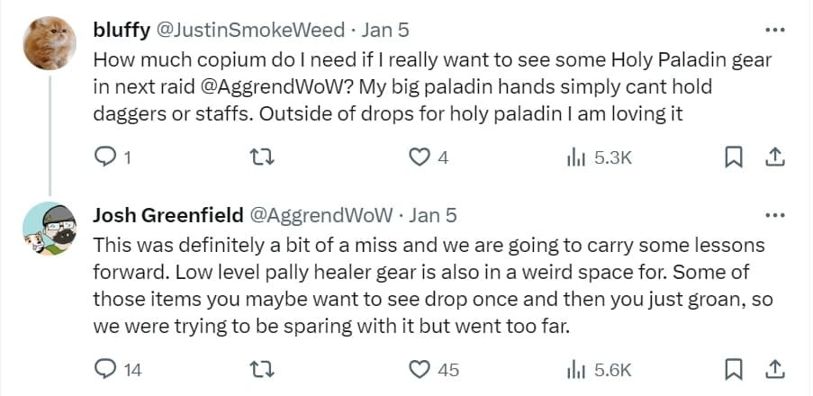 A screenshot of the tweet confirming Holy Paladin gear issues in Season of Discovery