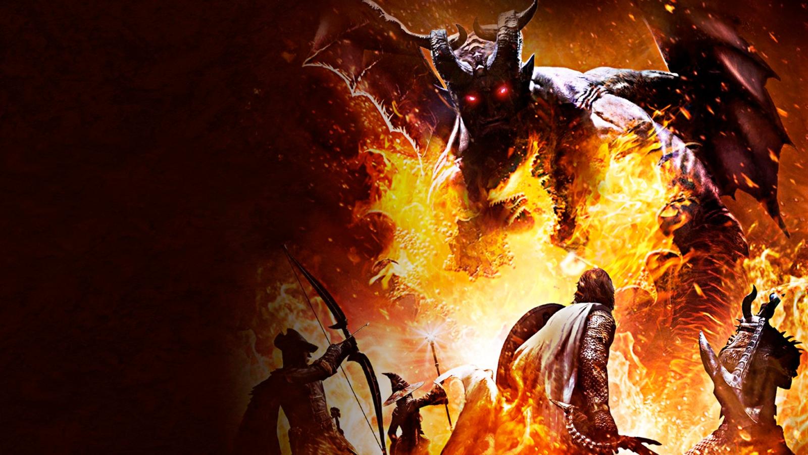 dragon's dogma art featuring a demon being surrounded by heroes