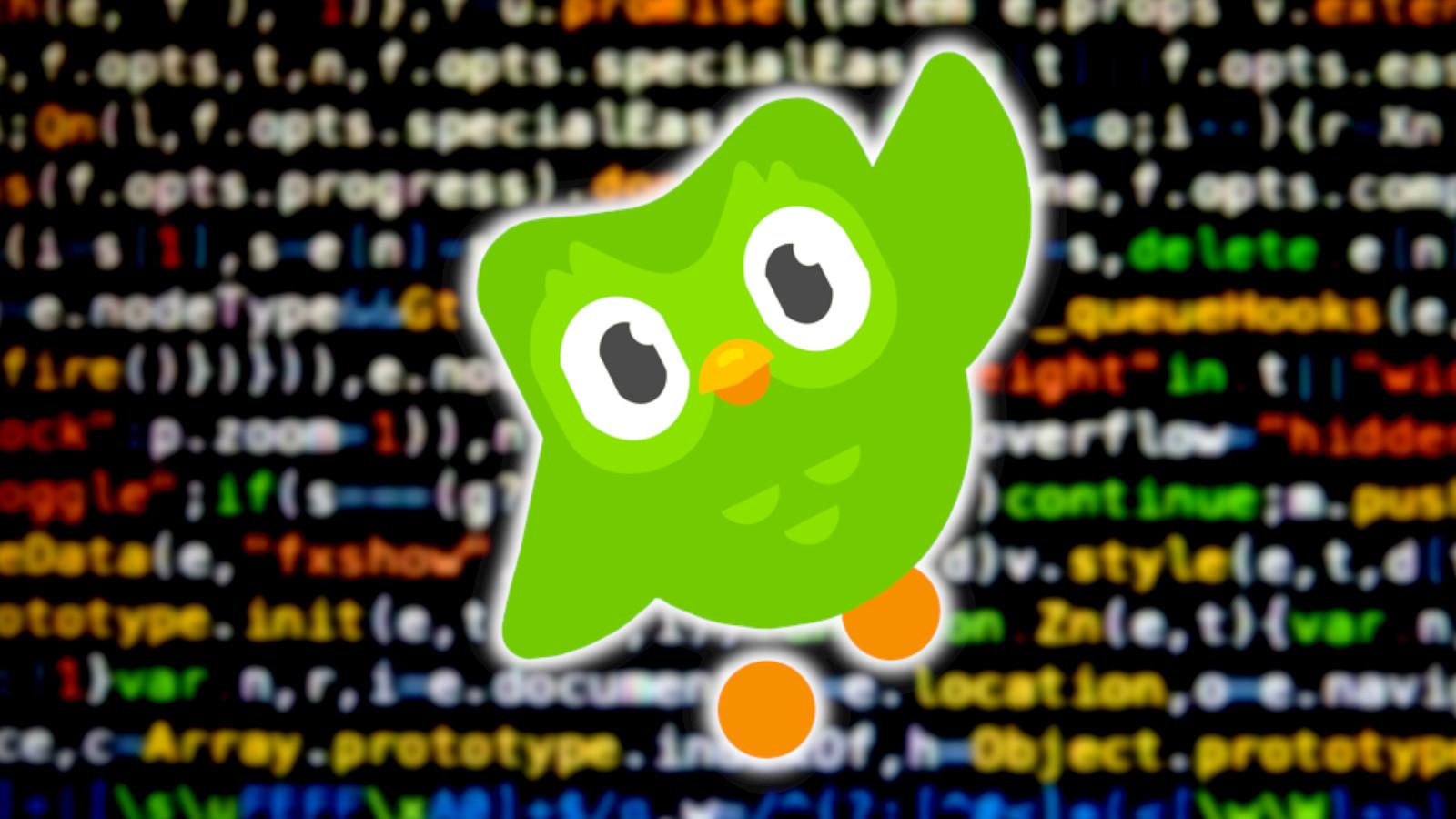 The Duolingo owl in front of code