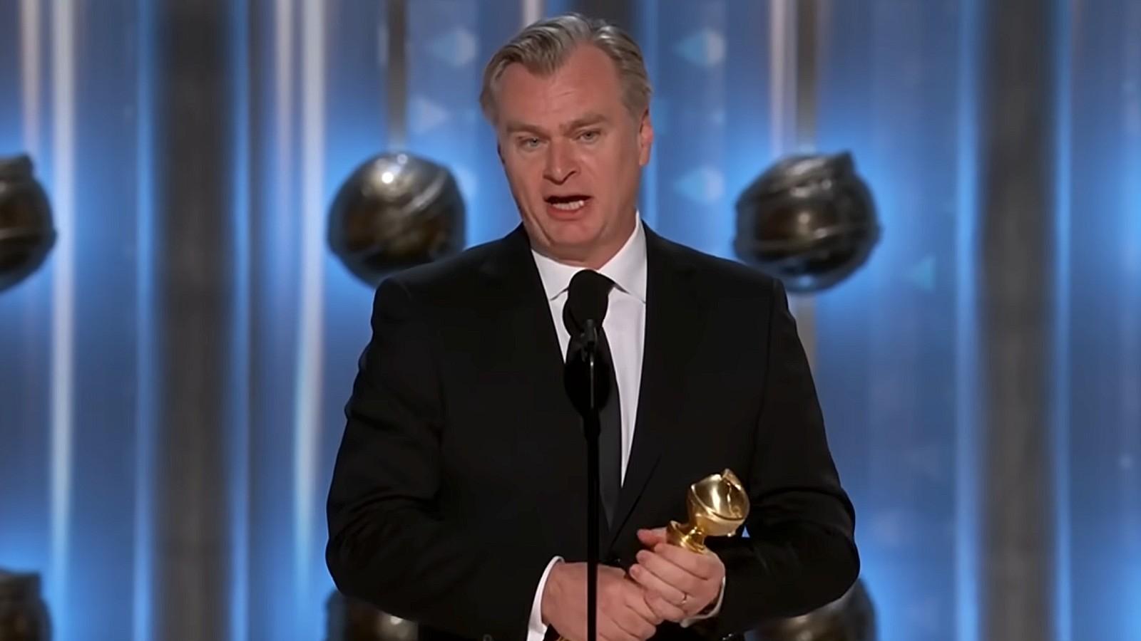 Christopher Nolan accepting his Golden Globe for Oppenheimer