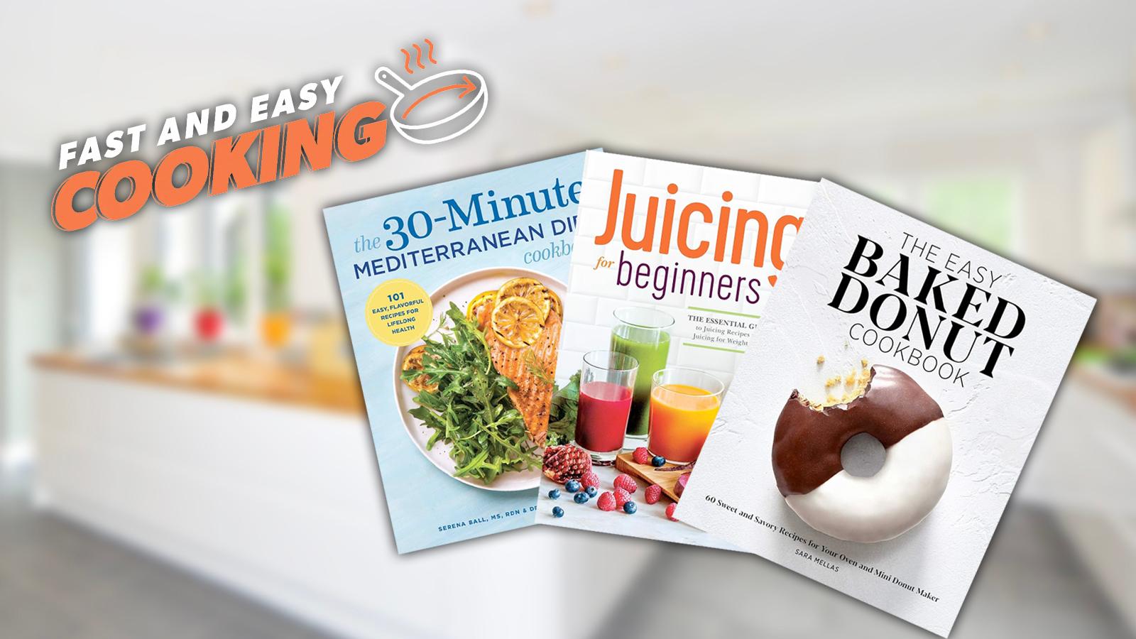 humble bundle fast & easy cooking logo next to three of the cookbooks, baked donuts, juicing for beginners and mediterrean recipes