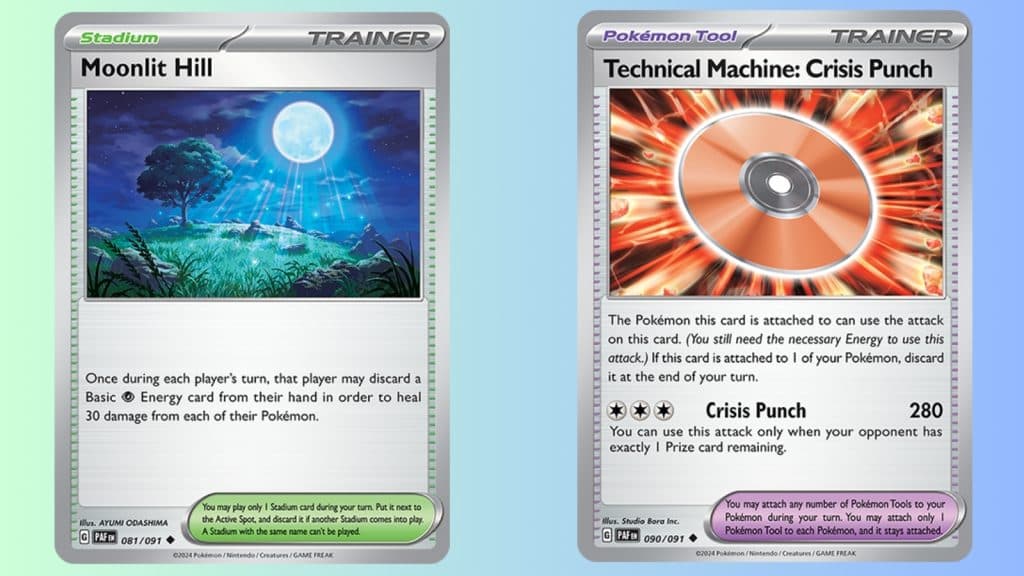 Pokemon TCG cards: Moonlit Hill and TM: Crisis Punch from Paldean Fates