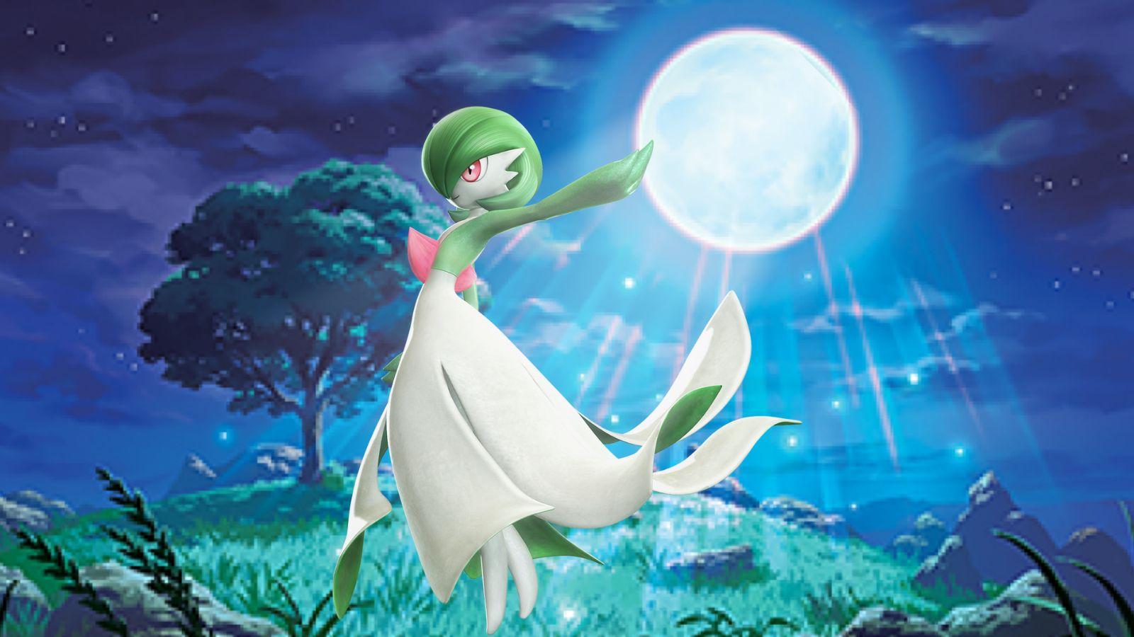 Gardevoir standing on the artwork from The Pokémon TCG card: Moonlit Hill.