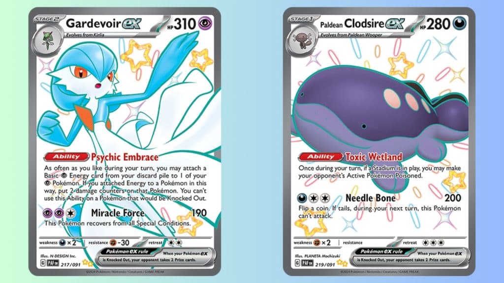 Pokemon TCG cards Gardevoir ex ad Clodsire ex from upcoming Paldean Fates TCG set