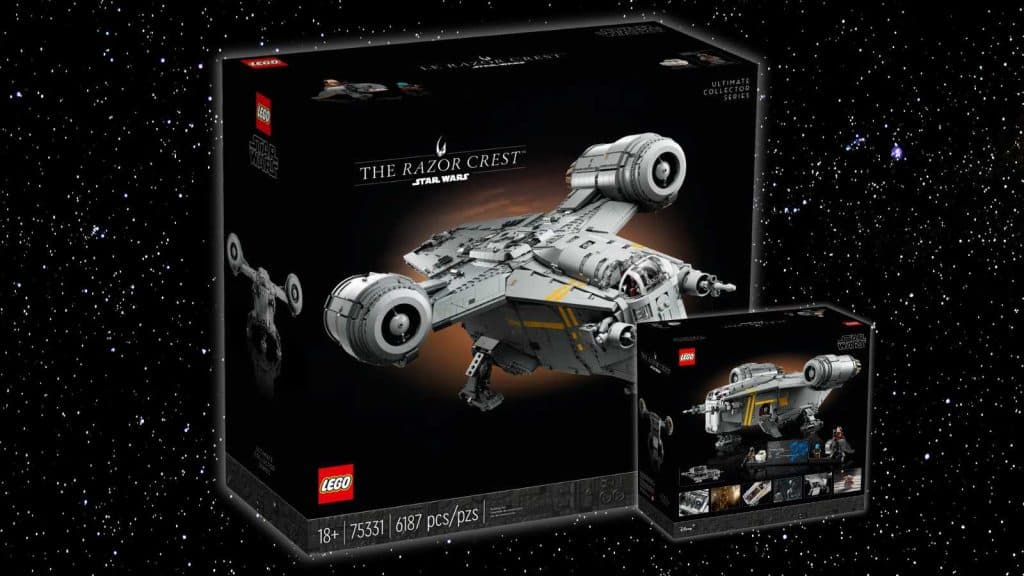 The LEGO Star Wars The Razor Crest set's box on a galaxy background