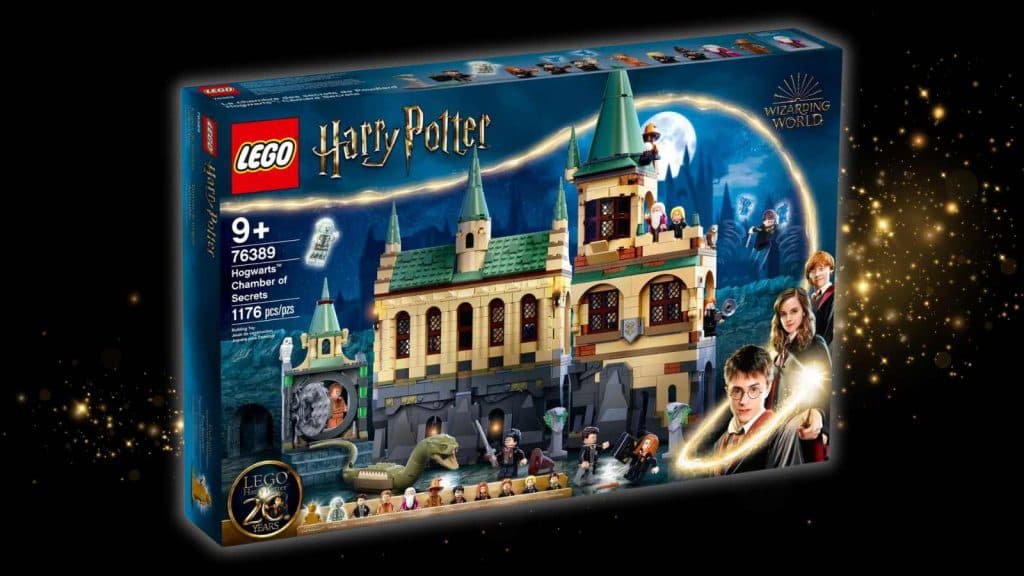LEGO Harry Potter Chamber of Secrets set on a black background with "magic" graphic