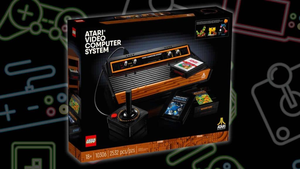 LEGO Icons Atari 2600 box on a gaming background.