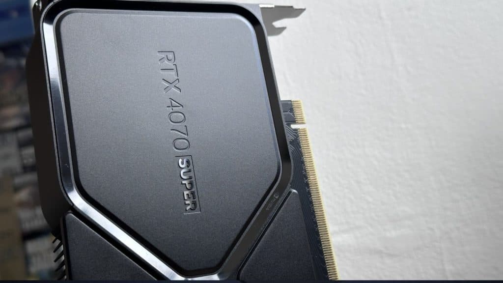 RTX 4070 Super FE in black with a close up against a white background
