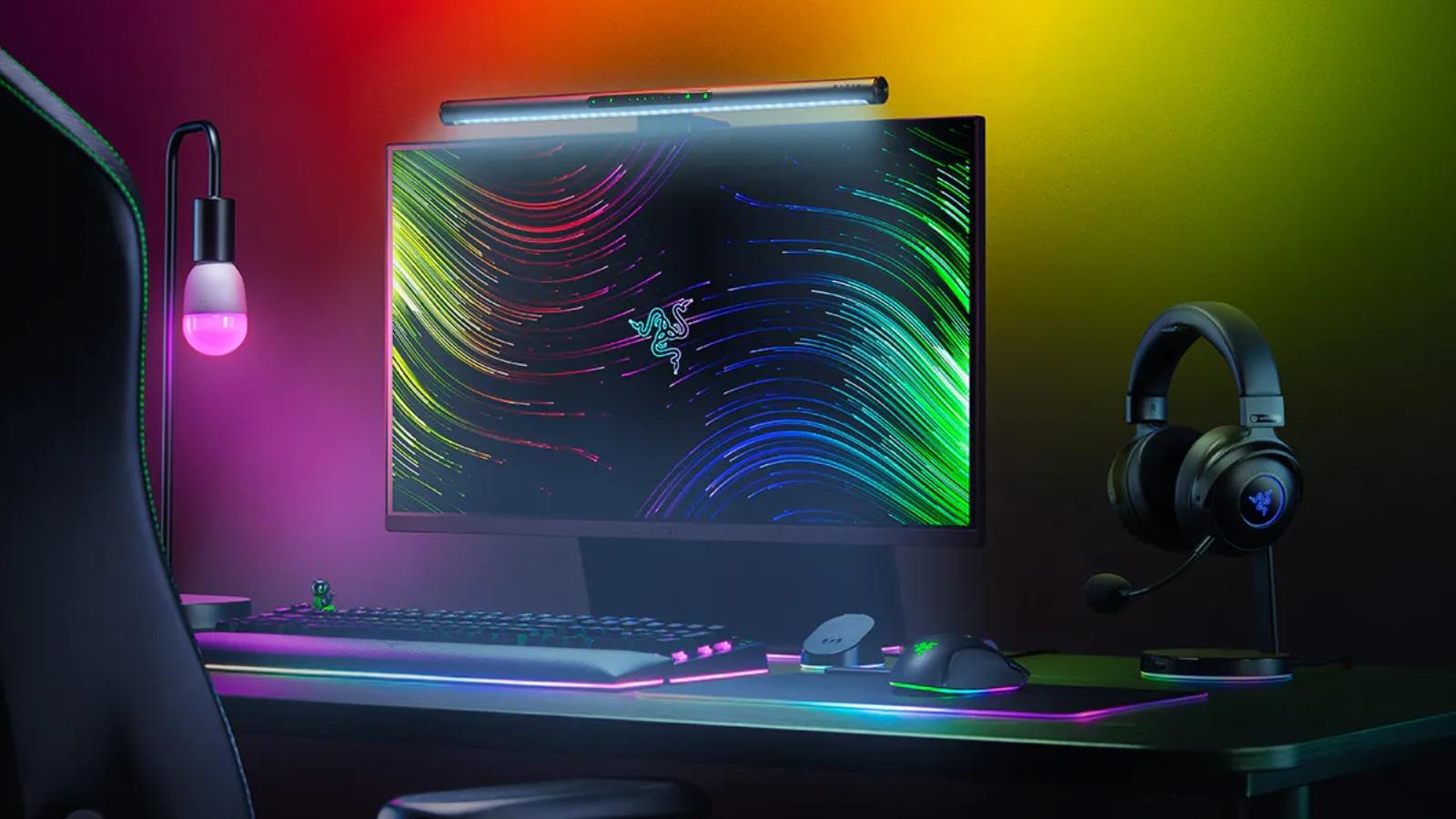 Razer Aether setip with monitor light bar on a desk surrounded by RGB