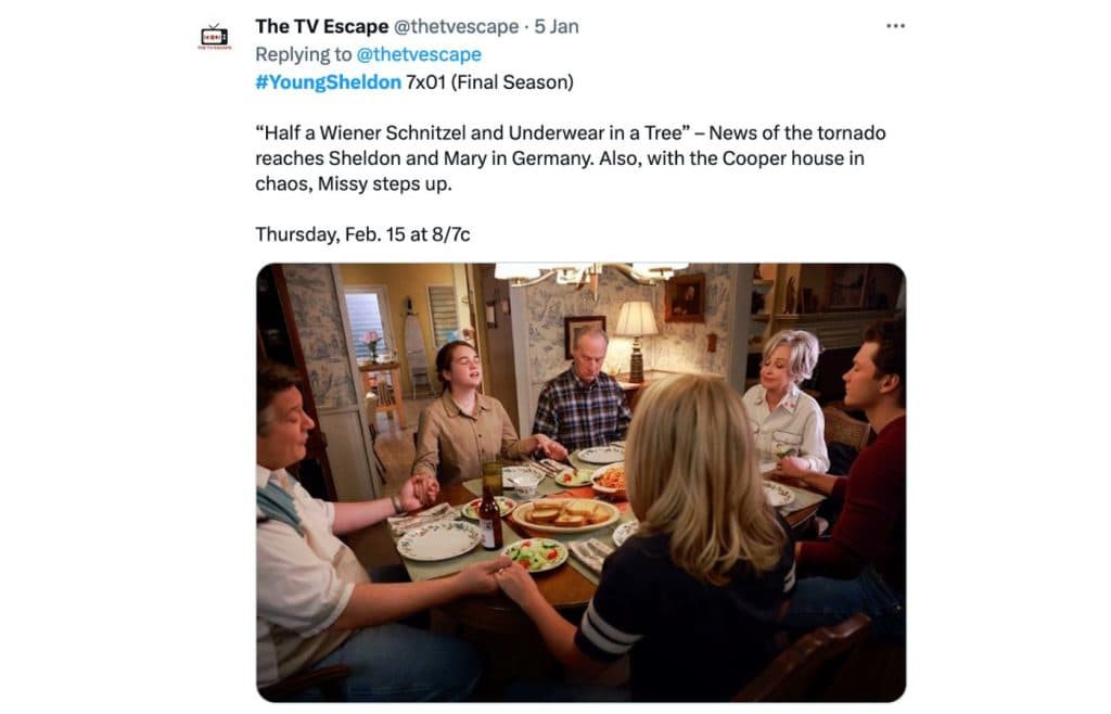 A tweet containing a teaser image for Young Sheldon Season 7