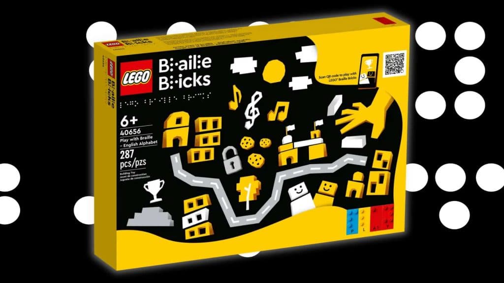 LEGO Braille Bricks on a black background with braille graphics