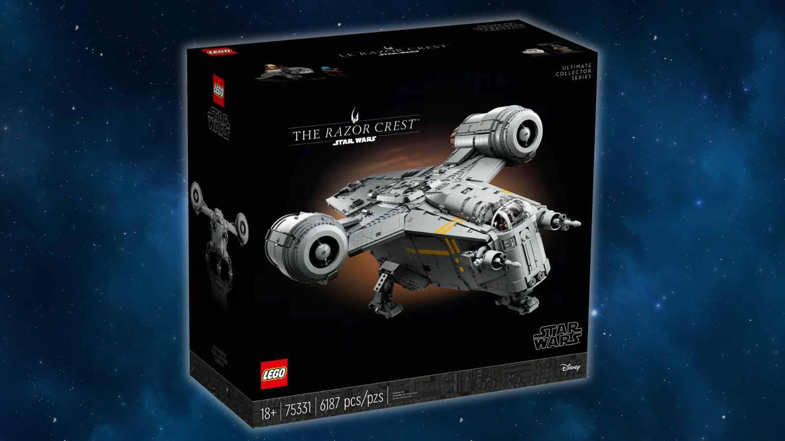 LEGO Star Wars The Razor Crest on a galaxy background