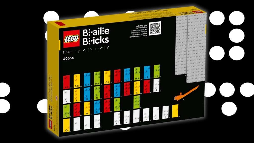 The LEGO Braille Bricks set's box's rear on a black background with braille graphics