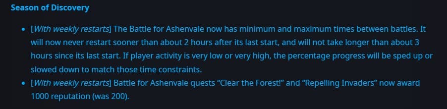 Blue Post confirming the reputation increase in the Battle for Ashenvale in Season of Discovery