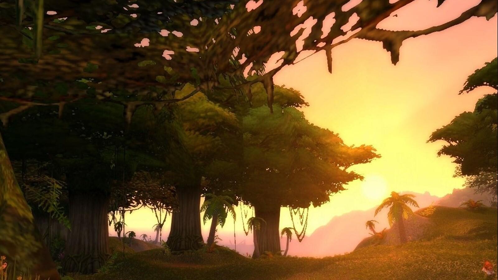 The sun sets over Stranglethorn Vale in Season of Discovery