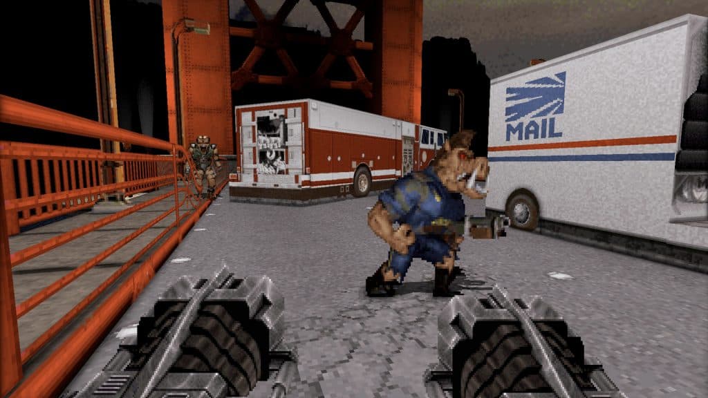 duke nukem 3d screenshot on bridge with pig cop and two guns pointed at it