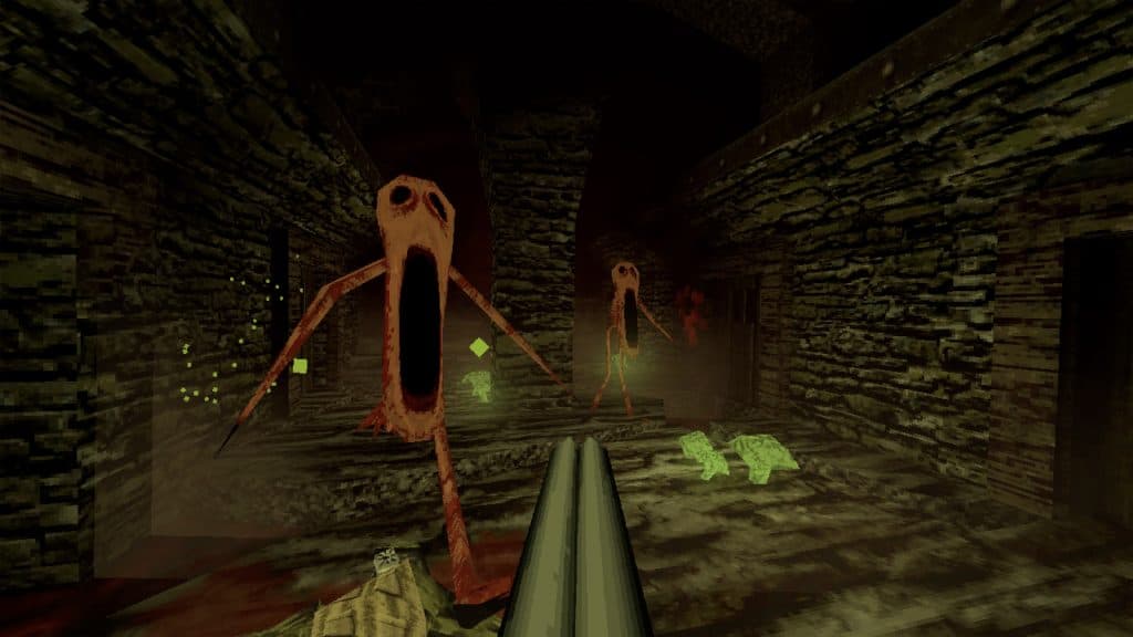 two horrors come towards camera in dusk screenshot, mouths agape, shotgun at the ready