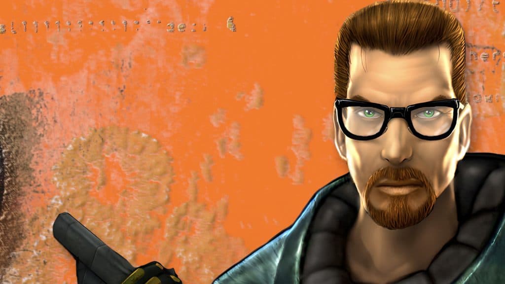 icon of boomer shooters, gordon freeman on an orange rusted background