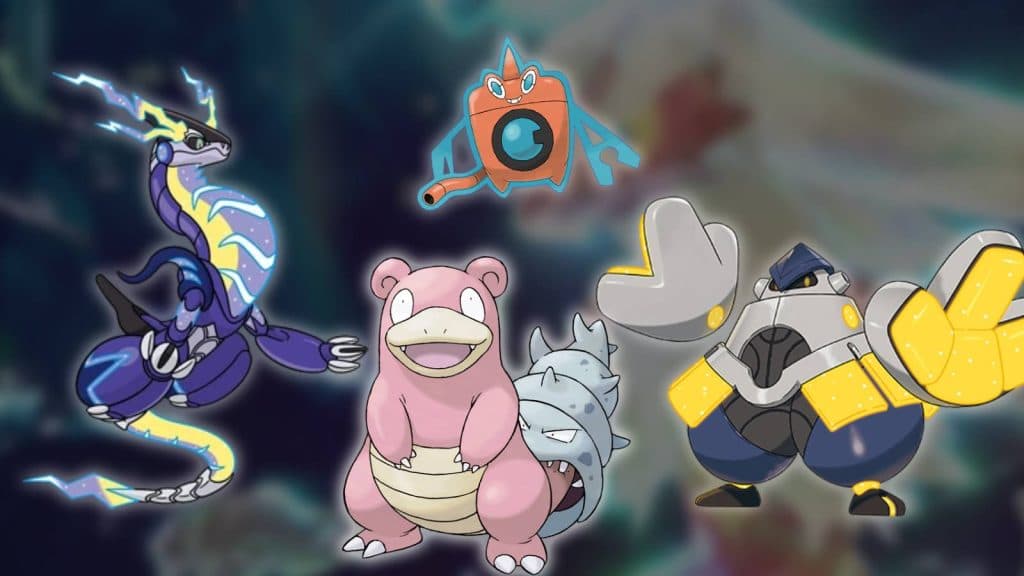 The Pokemon Miraidon, Slowbro, Wash Rotom, and Iron Hands, are all visible against a blurred background