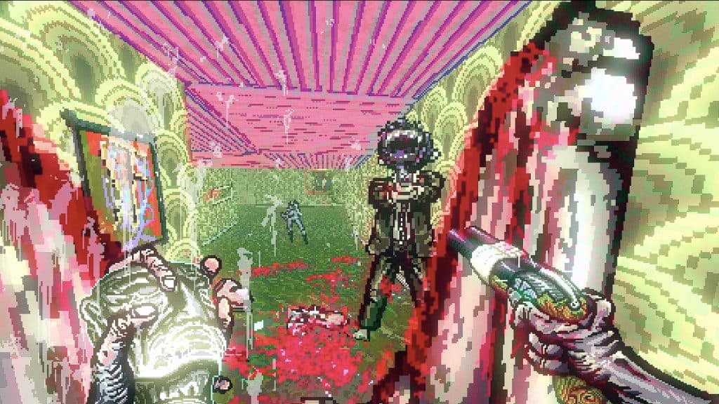 colorful post-void screenshot of man attacking player, player has a shotgun and skull in hand