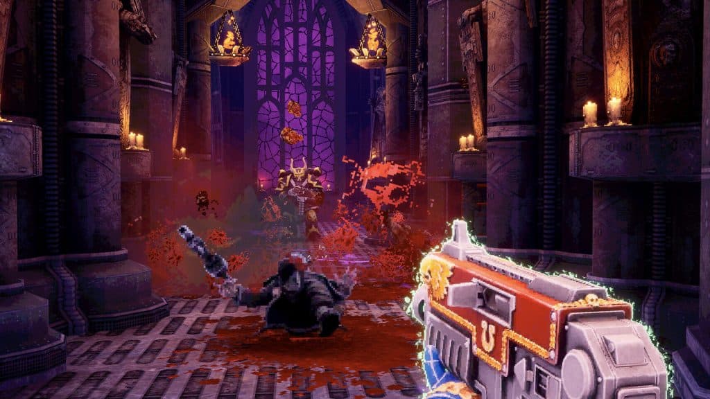 boltgun screenshot in church setting, man exploding into blood