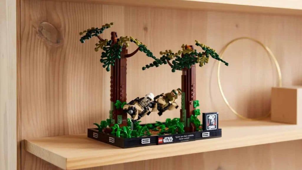 The LEGO Star Wars Endor Speeder Chase Diorama displayed on a shelf