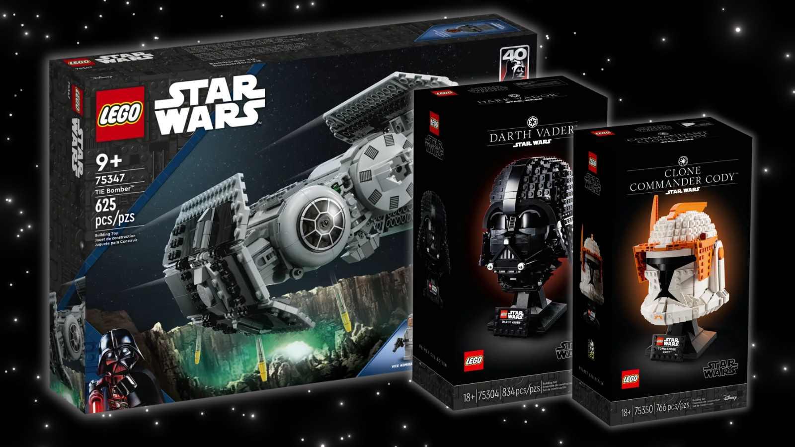 Three of the LEGO Star Wars sets discounted at Best Buy on a galaxy background