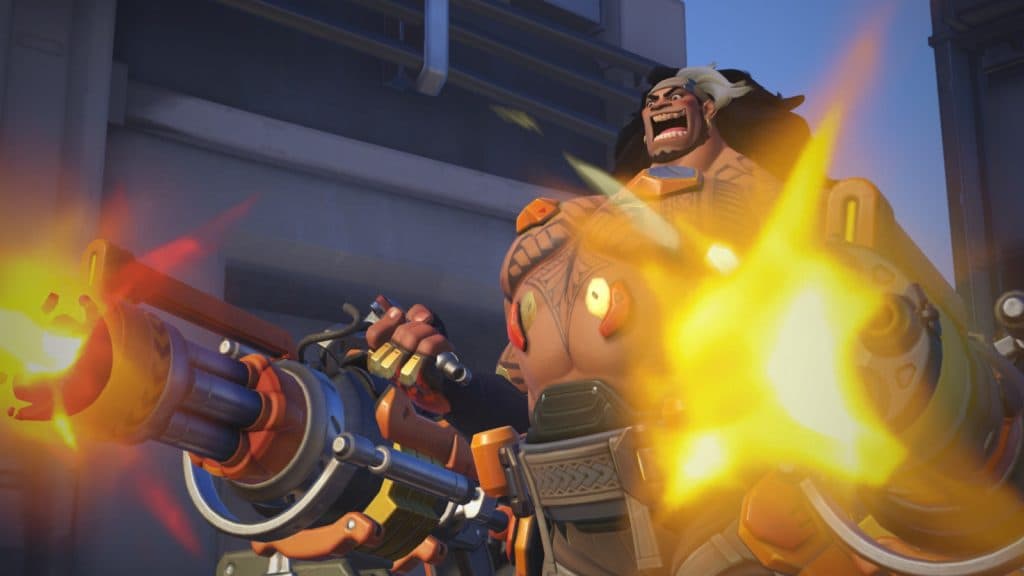 A screenshot of Mauga with his minigun taken from one of his highlights in Overwatch 2.