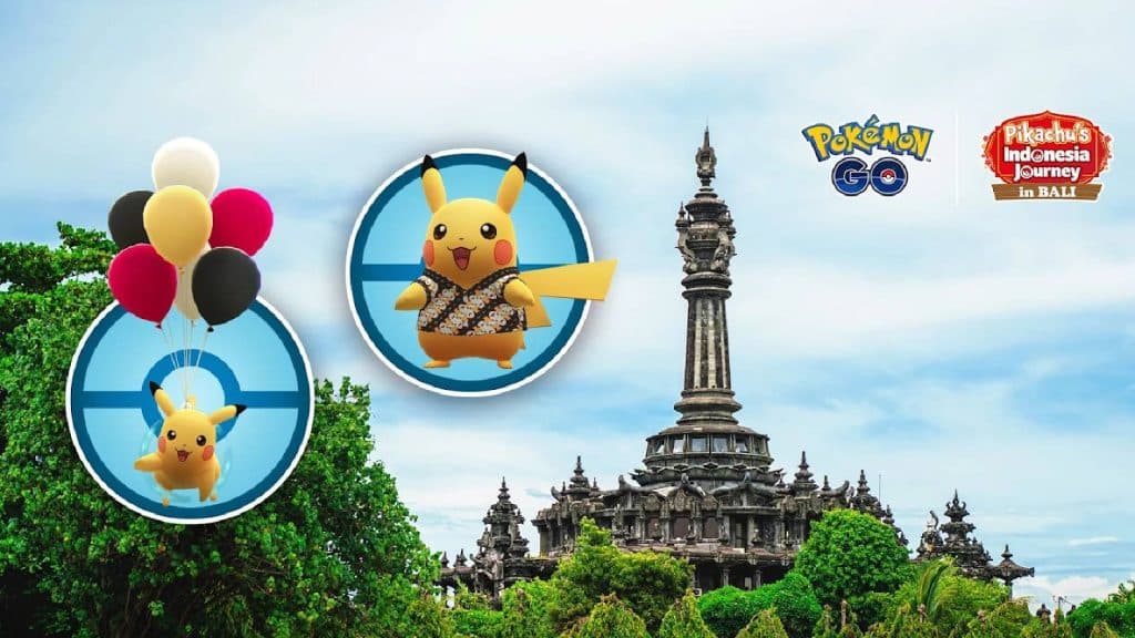 Key art shows Pikachu wearing a batik shirt, a Pikachu floating with balloons, and in for background is a picture of a landmark in Indonesia