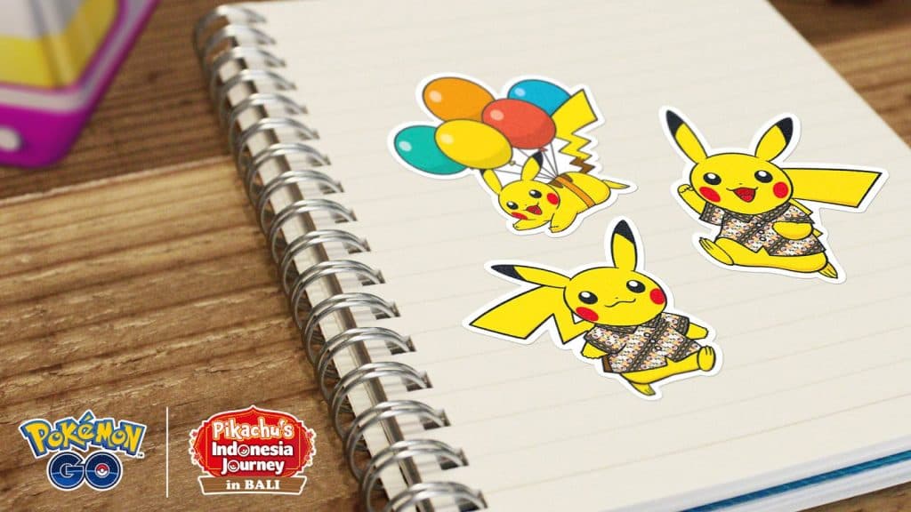Key art for the Pokemon Go Pikachu's Indonesia Journey shows a book with several Pikachu Stickers on it