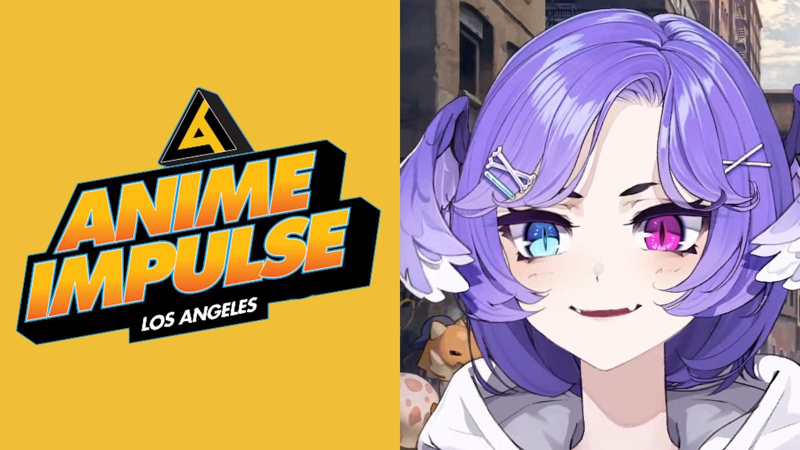 Anime Impulse (Los Angeles) logo left of Selen Tatsuki VTuber model.