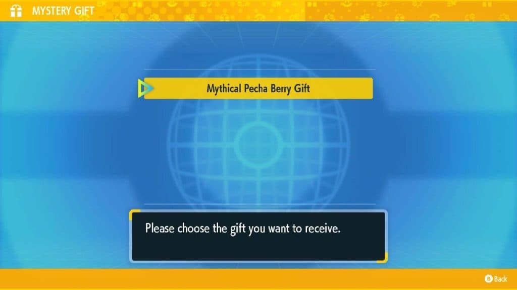 A menu shows the mystery gift menu, with the words "Mythical Pecha Berry Gift"