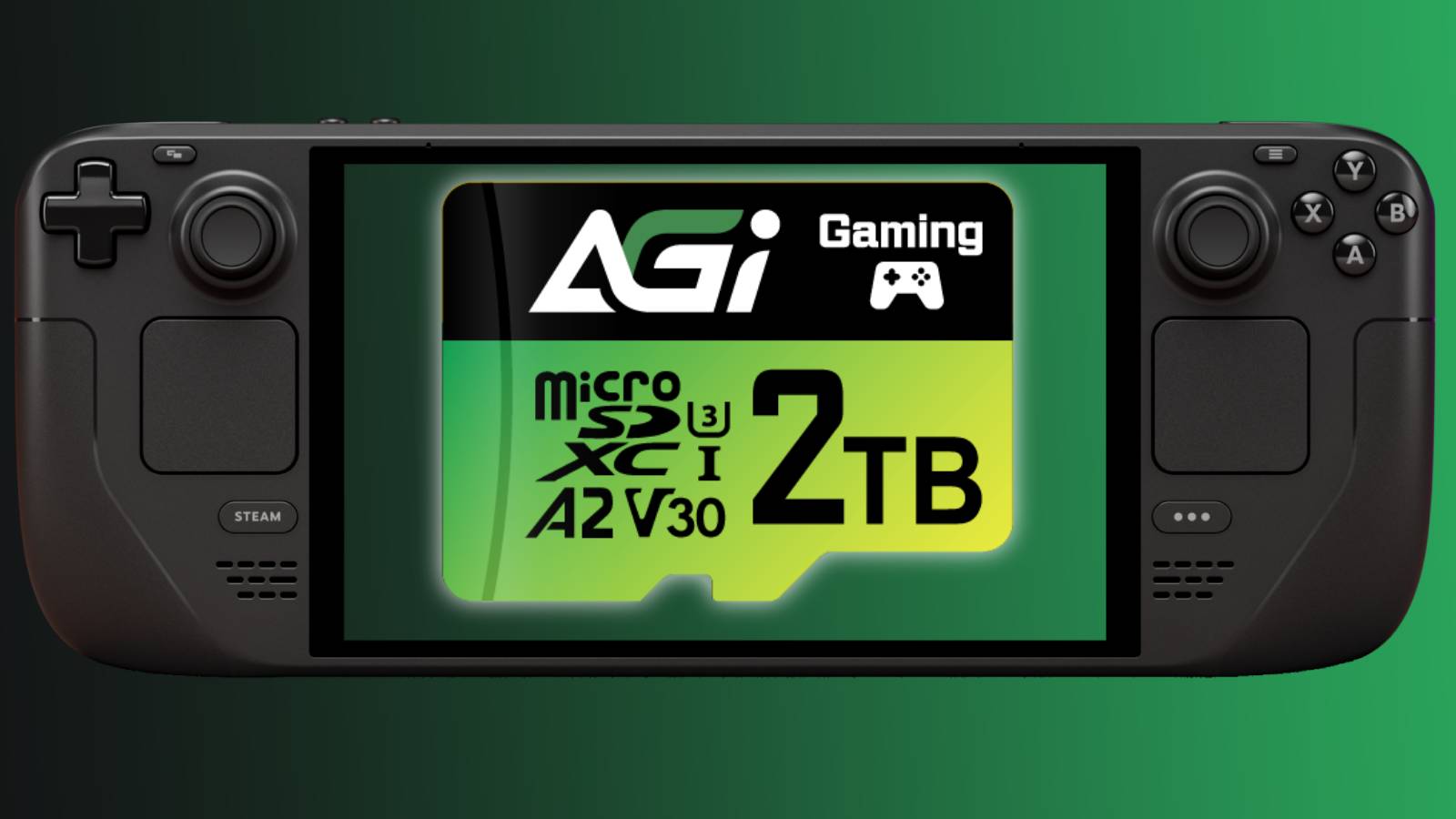 the AGI 2TB microSD card on the screen of the Steam Deck.