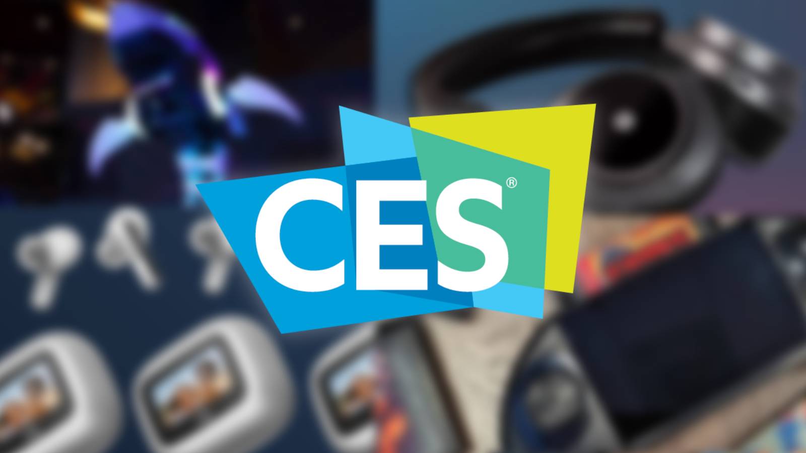 The CES 2024 logo, on top of four blurred images of tech announced at the trade show.