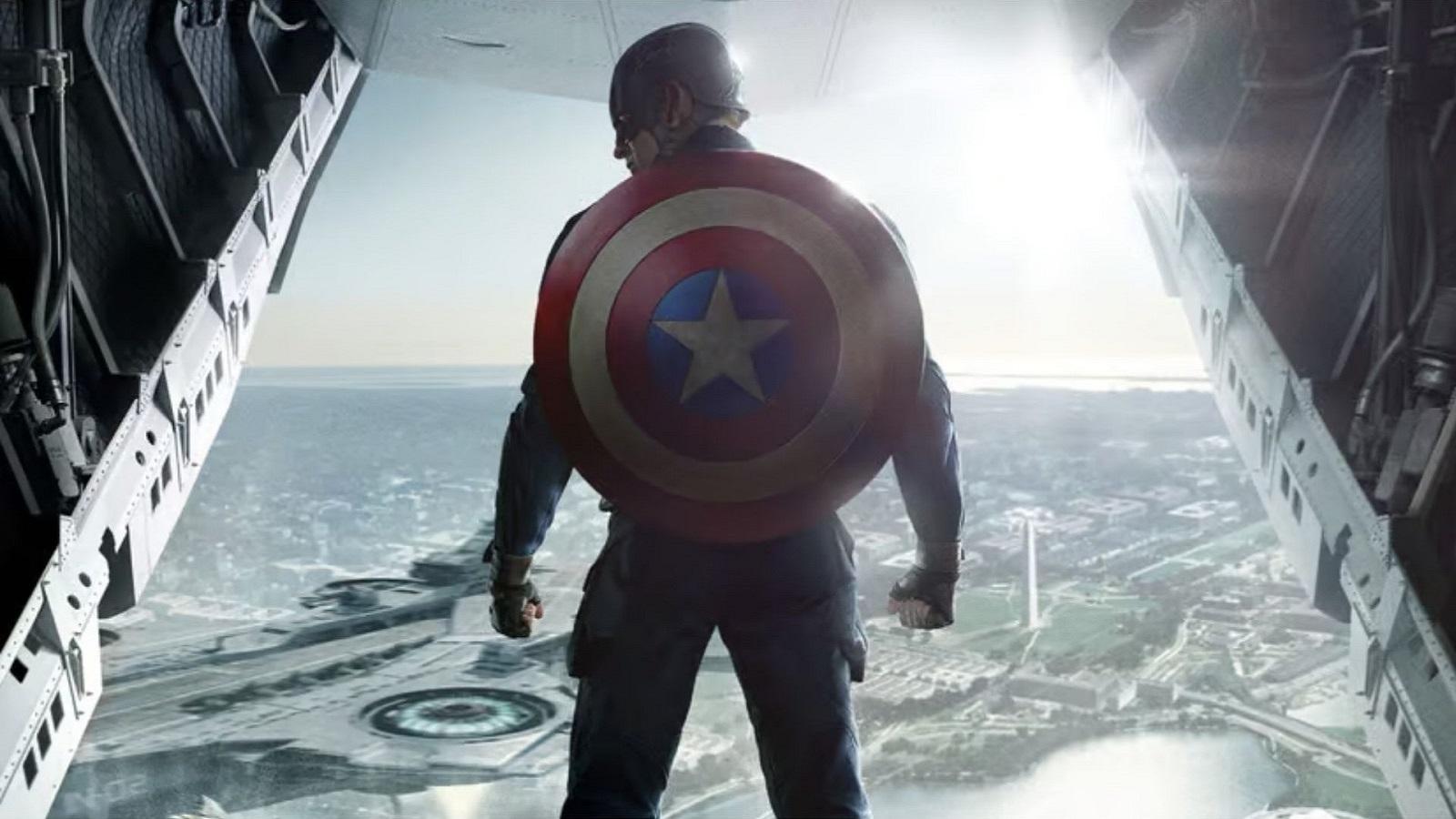 Captain America looking out of a plane