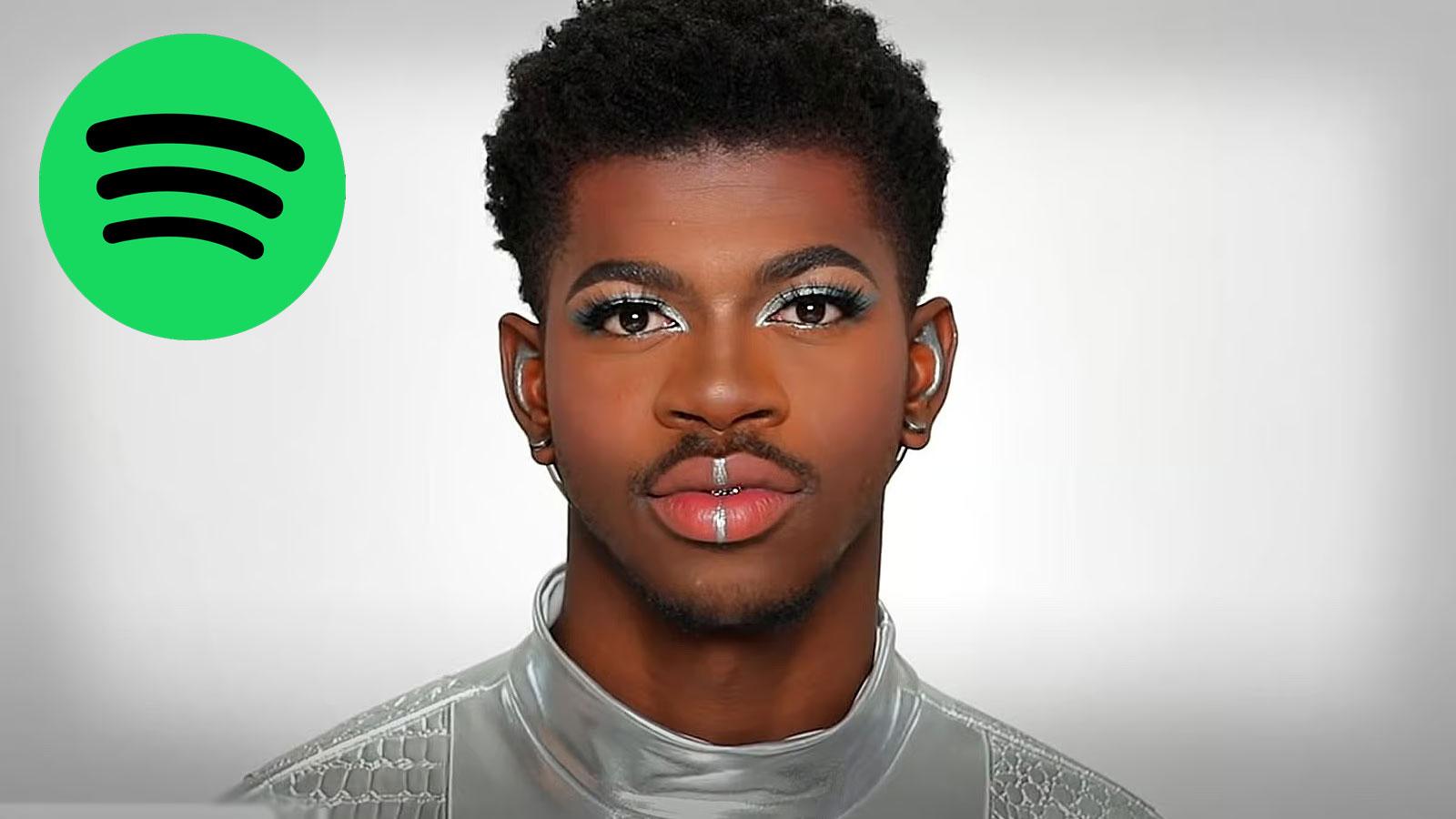 Lil Nas X in front of white background with spotify logo