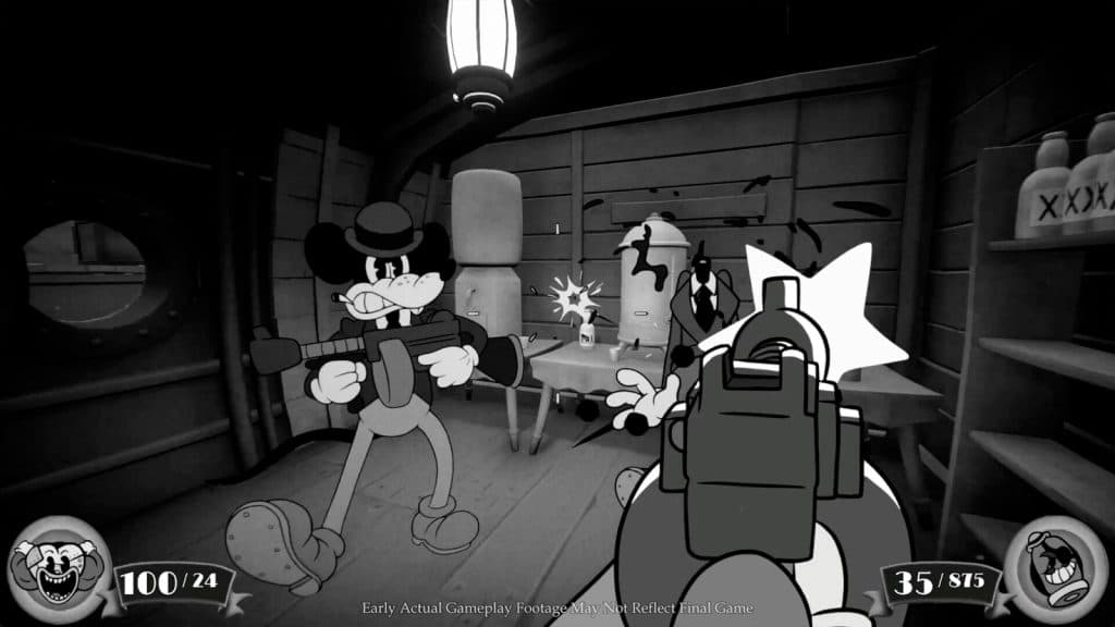 Screenshot in black and white of Mouse, with a machine gun being fired. An enemy is coming towards the character with a machine gun. Another enemy's head has exploded.