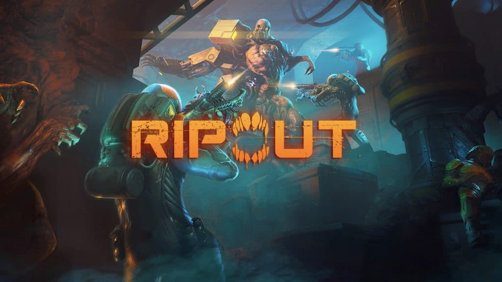 ripout logo with team of people shooting aliens