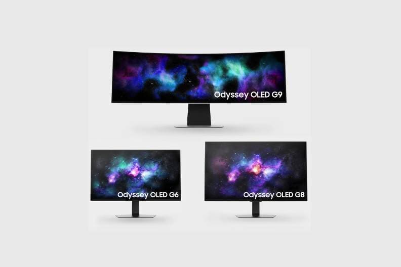 Image of the three new Samsung Odyssey OLED gaming monitors revealed at CES 2024.