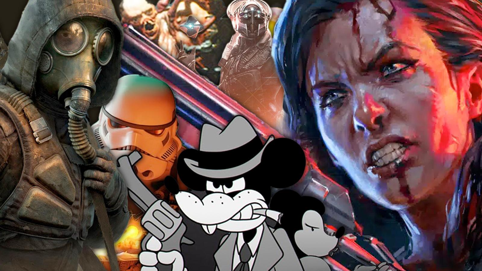 collage of fps characters from the article. from left to right: Stalker 2 key character art stormtrooper mouse holding a gun phantom fury main character bombshell looking angry with blood above mouse filling in the gap on the black background is a monster from ripout and a destiny 2 player character