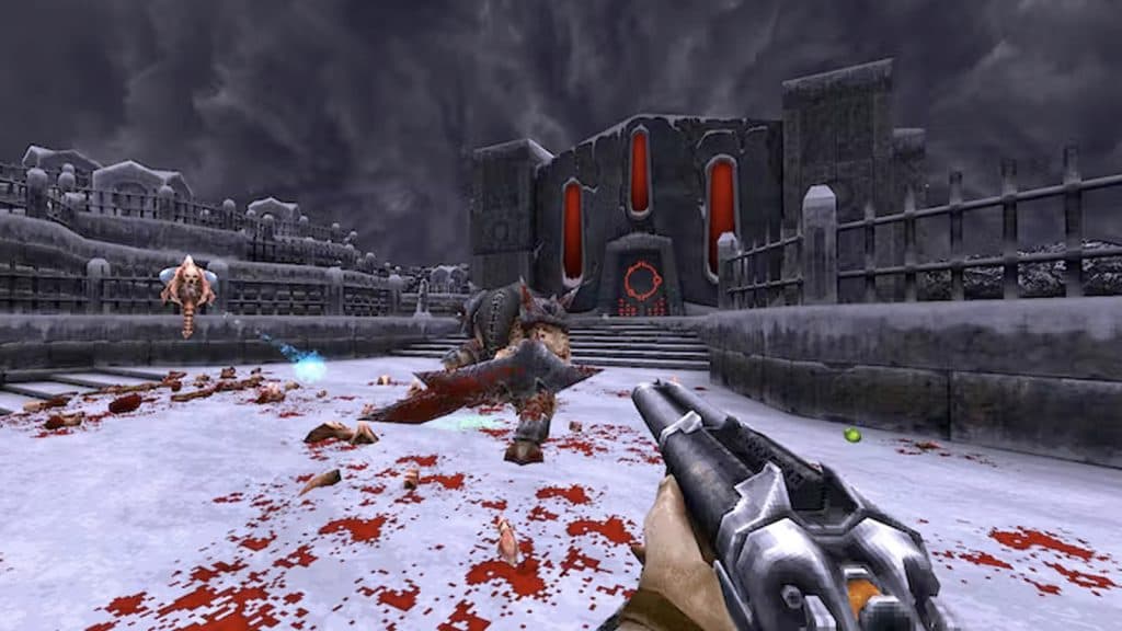 wrath: aeon of ruin screenshot with shotgun pointing at an enemy on a snowy surface