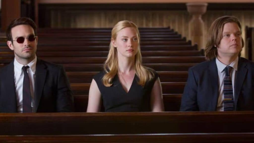 Daredevil characters Matt Murdock, Karen Page and Foggy Nelson sat in court together.