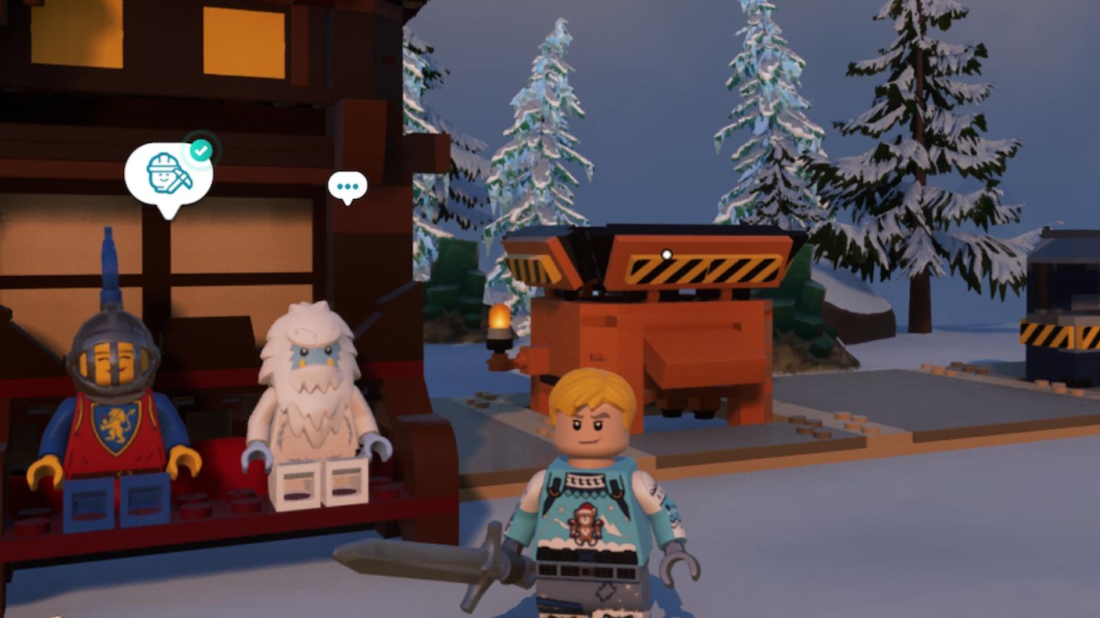 A screenshot featuring a character standing near crafting stations in LEGO Fortnite.